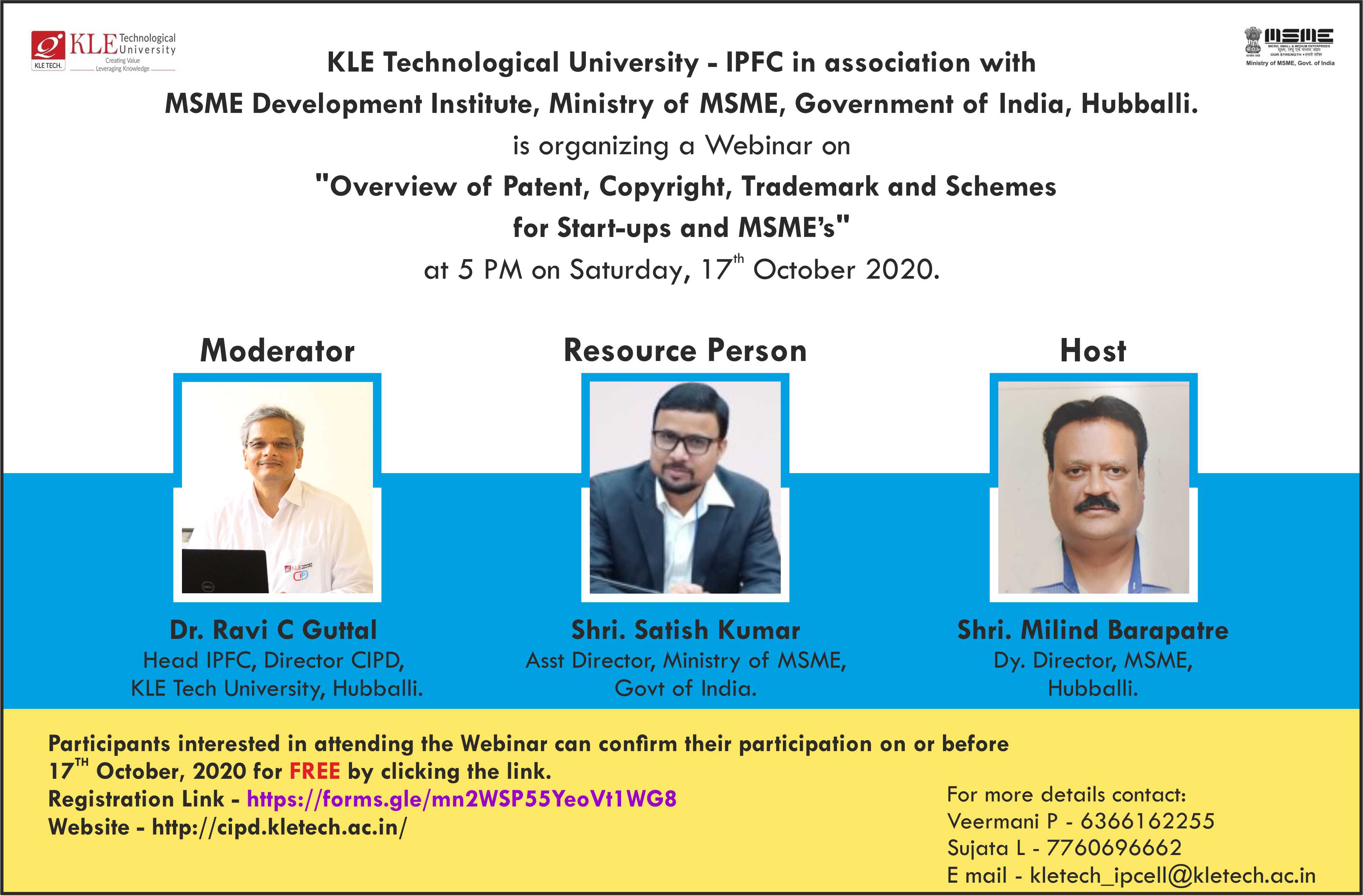 Webinar on Overview of Patent, Copyright, Trademark and Schemes for Start-ups and MSME’s